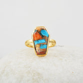 Coffin Ring, Oyster Copper Turquoise 10x17mm Coffin Shape Gemstone Silver Ring, Oyster Copper Bezel Set Gold Plated Ring, Ring For Women